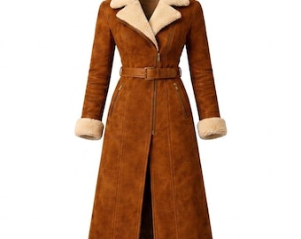 Cappotto lungo da donna in pelle scamosciata color cognac e montone, giacca invernale di lusso in pelle, cappotto fatto a mano