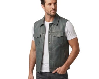 Gilet da uomo in pelle grigio ardesia, cappotto western artigianale con bottoni a pressione, disponibile in taglie personalizzate.
