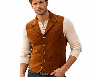 Gilet da cowboy da uomo in pelle scamosciata marrone tabacco, lussuoso gilet da cowboy ricamato, capospalla tradizionale fatto a mano