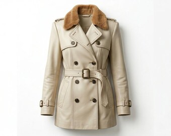Trench da donna color crema, giacca lunga di lusso con cintura, capospalla invernale fatto a mano per donna