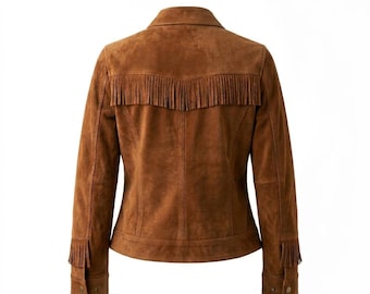 Giacca da donna in pelle scamosciata con frange, cappotto western color cognac fatto a mano, disponibile in taglie personalizzate.