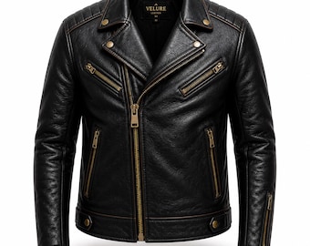 Giacca da motociclista in pelle nera da uomo, minimal lusso, cappotto in pelle pieno fiore