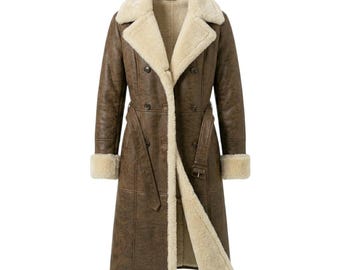 Cappotto da donna in montone, vera pelle, fatto a mano, marrone, con cintura, invernale, taglia personalizzata