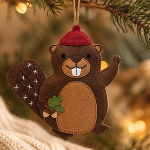 May include: A felt beaver ornament in shades of brown with a tan belly, wearing a small red knit-style cap. The beaver holds a green oak leaf and two acorns, features a wide tail with white cross-stitch detailing, and hangs from a jute string.
