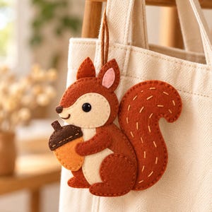 May include: A felt squirrel ornament in shades of brown, cream, and orange, featuring a dark brown acorn held in its paws. The squirrel has a large, bushy tail with decorative stitching and a small loop at the top for hanging.