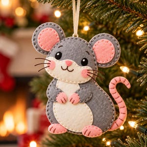May include: A felt mouse ornament featuring a gray body with a cream-colored belly and face. The mouse has large round ears with pink centers, pink paws, and a pink curled tail. It includes a thin ribbon loop for hanging on a tree branch.