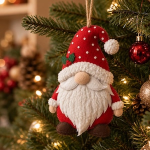 May include: A felt gnome Christmas tree ornament featuring a red hat with white polka dots and a white pom-pom. The gnome has a textured white beard, a beige nose, and brown feet. A small green holly leaf accent is attached to the side of the hat.