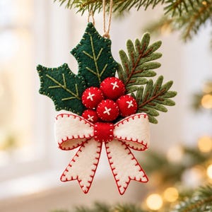 Op de afbeelding: Een kerstornament van vilt met donkergroene hulstbladeren, lichtgroene dennennaalden en vier ronde rode bessen met witte kruissteekdetails. Een crèmekleurige vilten strik met rode festonsteek bevindt zich aan de onderkant van het ornament.
