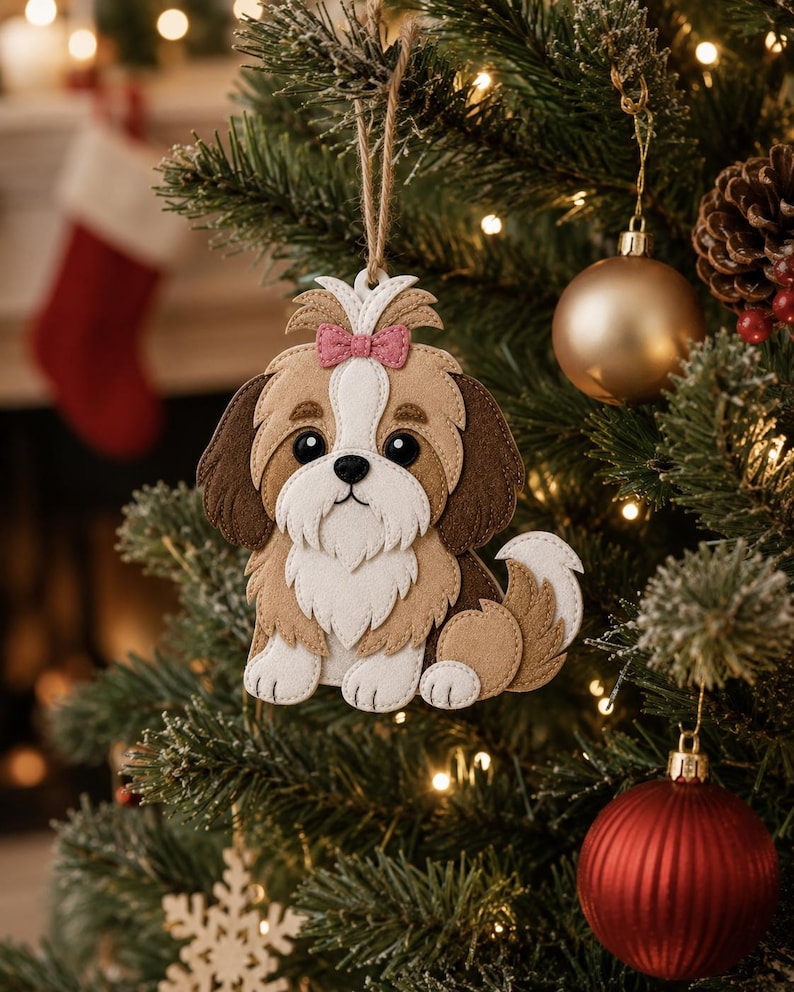 May include: A felt Shih Tzu dog Christmas ornament with a pink bow, hanging on a decorated Christmas tree. The ornament is brown, white, and tan, with black eyes and a fluffy tail. The background includes a fireplace and other ornaments.