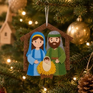 Puede incluir: Un adorno navideño de fieltro con forma de pesebre, compuesto por un marco de establo marrón, María con túnica azul, José con túnica verde y un bebé envuelto en una cuna amarilla, todo unido con costuras y colgado de un cordón blanco.