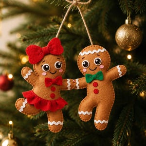 Naaipatroon voor een kerstpeperkoekpaar (PDF), sjabloon voor een vilten kerstornament, doe-het-zelf kerstdecoratie, kerstknutselwerkje dat geschikt is voor beginners.