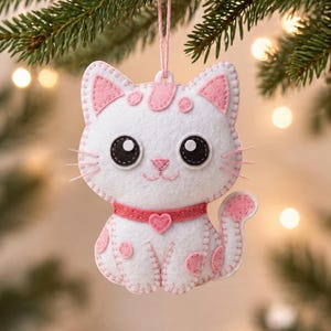Pode incluir: Um enfeite de gato de feltro branco com detalhes rosa, incluindo orelhas, manchas e uma coleira com um coração. O gato tem olhos grandes e pretos e bigodes rosa. Pendurado por um fio rosa, perfeito para decoração festiva.