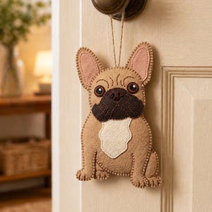 Puede incluir: Adorno de fieltro de un bulldog francés en tonos beige, marrón y crema, colgado de un pomo de puerta. El perro tiene ojos grandes y oscuros, una nariz marrón y un parche crema en el pecho. El adorno está cosido con hilo en contraste.