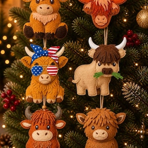 May include: A selection of felt Highland cow Christmas tree decorations. The ornaments are in shades of brown and tan, with details like horns and eyes. Some have accessories, including sunglasses and a bandana, hanging on a Christmas tree.