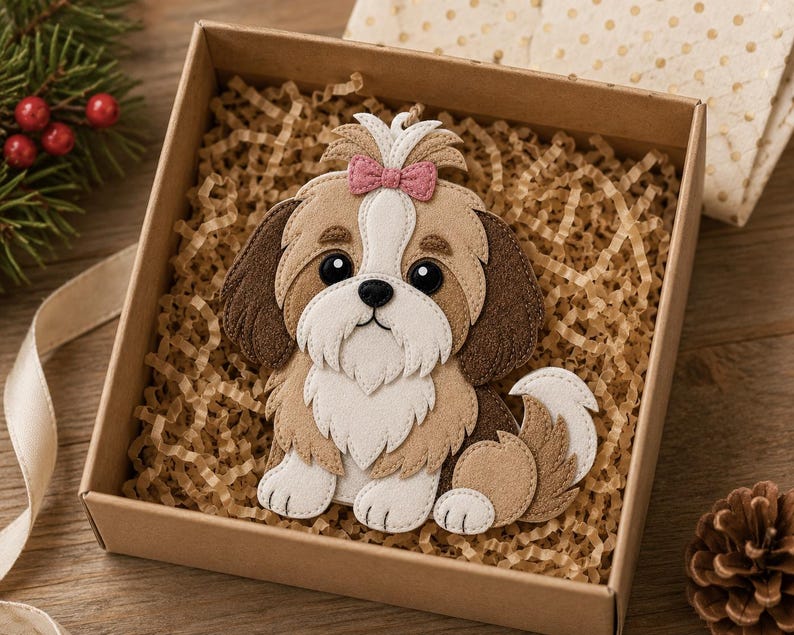 May include: A felt Shih Tzu dog ornament with brown, white, and tan colors, a pink bow, and large black eyes. The dog is inside a brown cardboard box filled with shredded paper. A festive holiday theme.