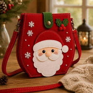 May include: A red crossbody bag featuring a felt Santa Claus face appliqué on the front. The bag includes a green snap closure tab, white snowflake accents, and a holly leaf detail with red berries. It has a matching red shoulder strap.