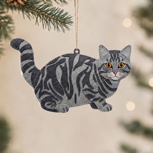 May include: A gray and dark gray tabby cat ornament made of felt with stitched details. The cat has bright orange eyes, a pink nose, and a long tail. It is suspended by a thin brown string, featuring a flat, layered design with visible stitching along the edges of the cat's body and limbs.