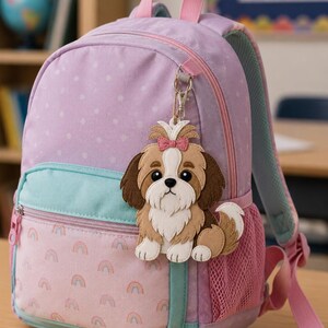 May include: A light purple backpack with a light blue pocket and pink accents. A felt Shih Tzu dog keychain with brown, white, and tan details and a pink bow is attached to the zipper. The backpack has a rainbow pattern.