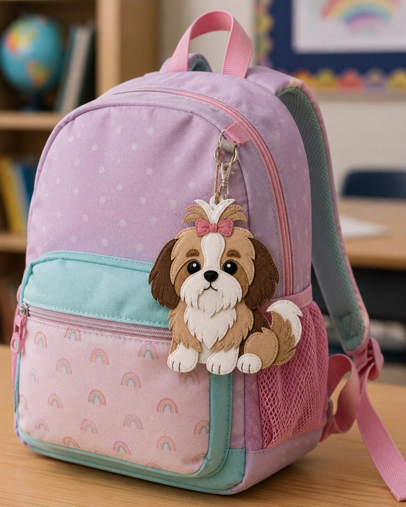 May include: A light purple backpack with a light blue pocket and pink accents. A felt Shih Tzu dog keychain with brown, white, and tan details and a pink bow is attached to the zipper. The backpack has a rainbow pattern.