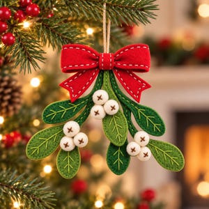 May include: A felt mistletoe Christmas ornament featuring green leaves with embroidered veins, clusters of white berries with brown cross-stitch details, and a bright red bow at the top. The ornament hangs from a simple tan string loop.