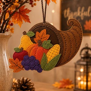 May include: A felt cornucopia ornament featuring a brown horn shape filled with a yellow pear, orange pumpkin, red apple, purple grapes, yellow corn, and orange maple leaves. The ornament hangs from a dark brown twisted cord for display.
