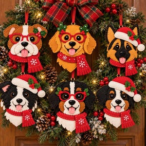 May include: Six felt dog ornaments hanging on a wreath. Each dog wears a red scarf with white snowflakes and either red glasses or a Santa hat with holly. The dogs include a bulldog, golden retriever, German shepherd, and three others.