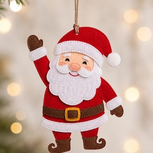 May include: A felt Santa Claus Christmas ornament featuring a red suit with white trim, a brown belt with a yellow buckle, brown gloves, and brown curled-toe boots. The figure has a white beard, a red hat with a white pom-pom, and a jute string loop.