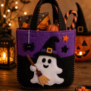 Könnte beinhalten: Eine Trick-or-Treat-Tasche aus violettem und schwarzem Filz mit einem weißen Geist, der einen schwarzen Hexenhut trägt und einen Besen hält. Die Tasche ist mit einer kleinen schwarzen Spinne sowie orangefarbenen und schwarzen Sternen verziert.