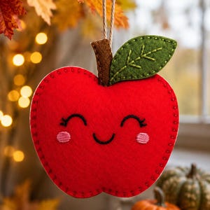 May include: A red felt apple ornament featuring a stitched smiling face with closed eyes and pink cheeks. The apple has a brown stem and a green felt leaf with embroidered veins. It hangs from a thin twine loop for display purposes.