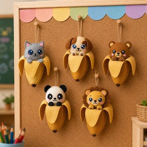 May include: Five felt animal ornaments: a gray cat, a brown and white dog, a brown bear, a panda, and a lion. Each animal is nestled in a yellow felt banana. The ornaments hang from a corkboard with a rainbow-colored paper trim.