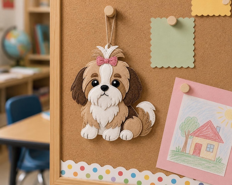 May include: A felt Shih Tzu dog ornament with brown, white, and tan fur, a pink bow, and black eyes. The dog is hanging on a corkboard with a drawing of a house and a green square note.
