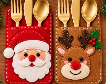 Modello di cucito PDF per portaposate in feltro natalizio, tasca portaposate a forma di renna di Babbo Natale, decorazione fai da te per la tavola di Natale, portaposate per la cena delle feste