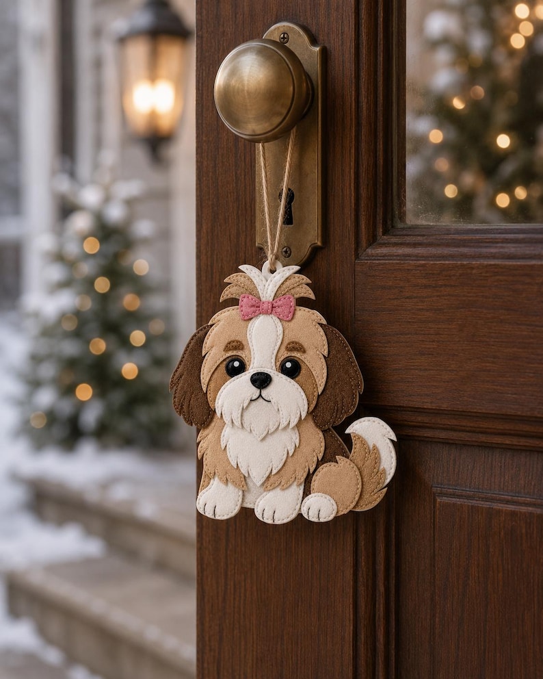 May include: A felt Shih Tzu dog ornament with a pink bow, hanging from a door knob. The ornament features brown, white, and tan colors. The background shows a snowy outdoor scene with a Christmas tree.