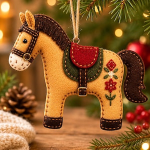 Op de afbeelding: Een vilten paardenkerstversiering. Het bruine paard heeft een bruine manen en een rood en groen zadel. Het heeft een bloemenpatroon en wordt opgehangen met een touwlus.
