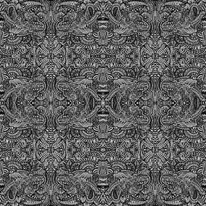 May include: A black and white repeating pattern featuring intricate, dense line work. The design consists of symmetrical, interconnected organic shapes, swirling motifs, and geometric details that create a complex, high-contrast visual texture.
