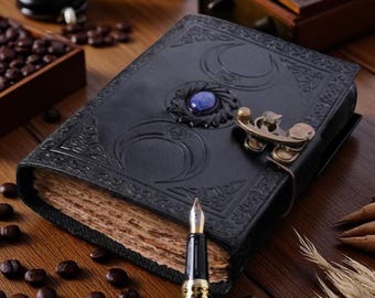 Journal en cuir triple lune avec grimoire du livre des ombres fait main clé, journal intime en papier rechargeable avec bordure Deckle, cadeau spirituel sorcière pour elle