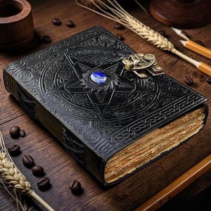 Peut inclure: Un journal en cuir noir avec un motif d'&eacute;toile en relief et une pierre pr&eacute;cieuse bleue au centre. Le journal a un fermoir en m&eacute;tal et des pages en papier vieilli. Des &eacute;pis de bl&eacute;, des grains de caf&eacute; et des crayons sont dispos&eacute;s sur une surface en bois.