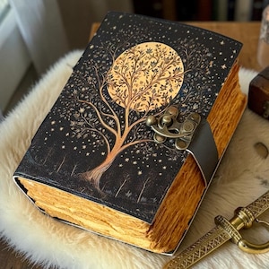 Moon Tree Leather Journal Book of Shadows, Handmade Refillable Vintage Notebook, Deckle Edge Paper Diary, Celestial Gift for Him Her