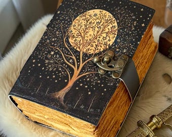 Moon Tree Leather Journal Book of Shadows, Handmade Refillable Vintage Notebook, Deckle Edge Paper Diary, Celestial Gift for Him Her