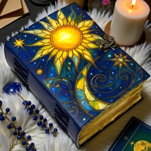 Sun & Moon Leather Journal, Handmade Book of Shadows Grimoire Notebook, Refillable Deckle Edge Paper Vintage Diary, Celestial Gift Him Her