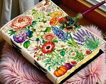 Botanical Leather Journal – Handmade Vintage Book of Shadows, Refillable Deckle Edge Paper Notebook, Rustic Aesthetic Gift for Her & Him