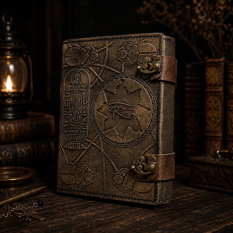 May include: A brown leather journal featuring embossed Egyptian symbols, including hieroglyphs, scarabs, and the Eye of Horus. It has a leather strap closure and brass fittings. The dark brown cover has a textured finish, giving it an antique or vintage aesthetic.