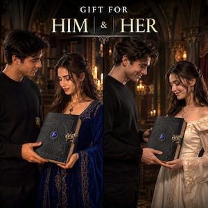 Peut inclure: Un livre en cuir noir avec des motifs en relief et un fermoir en pierre bleue. Le texte "GIFT FOR HIM & HER" est affich&eacute; au-dessus. L'image montre un couple dans un cadre romantique, tenant le livre.