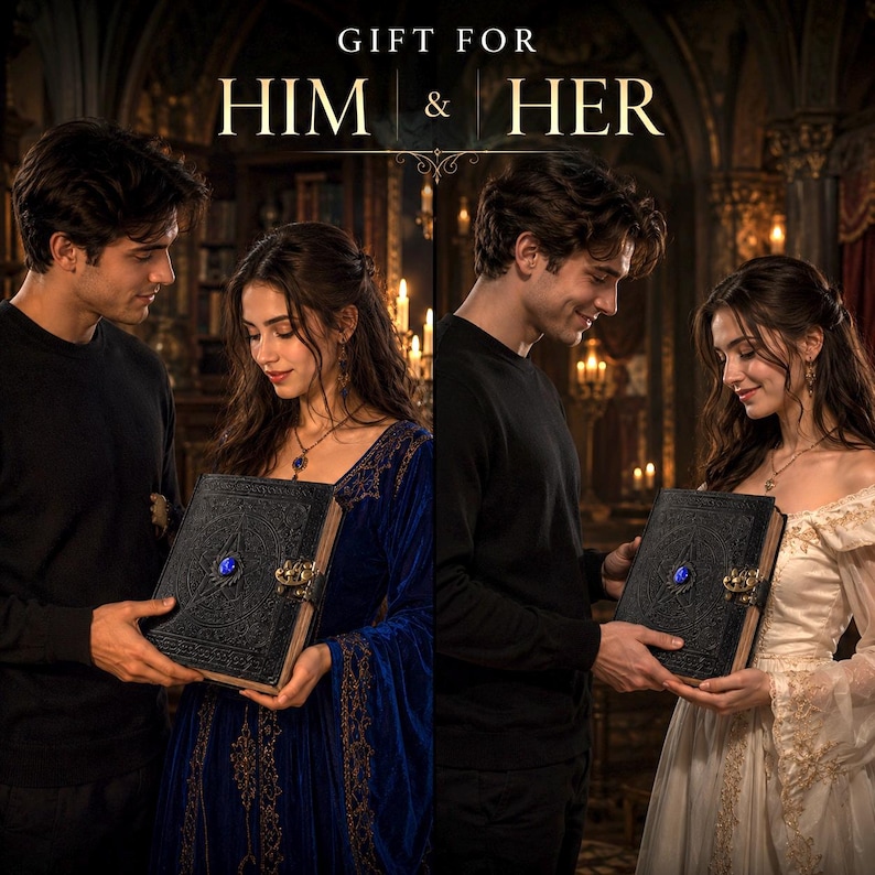 Peut inclure: Un livre en cuir noir avec des motifs en relief et un fermoir en pierre bleue. Le texte "GIFT FOR HIM & HER" est affich&eacute; au-dessus. L'image montre un couple dans un cadre romantique, tenant le livre.