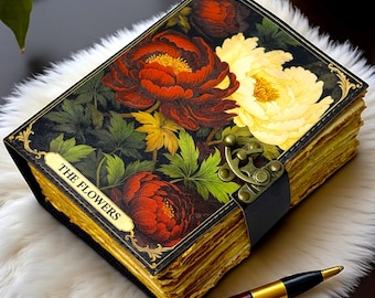 Journal floral en cuir - Carnet de notes vintage rechargeable fait main avec du papier à bordure transparente, journal d'écriture esthétique, cadeau personnalisé pour lui et elle