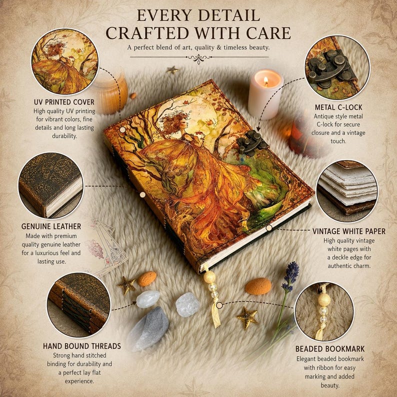 May include: A handcrafted journal with a UV-printed cover featuring a woman in a flowing gown. The journal has a metal C-lock, genuine leather, hand-bound threads, and a beaded bookmark. The pages are vintage white with a deckle edge.