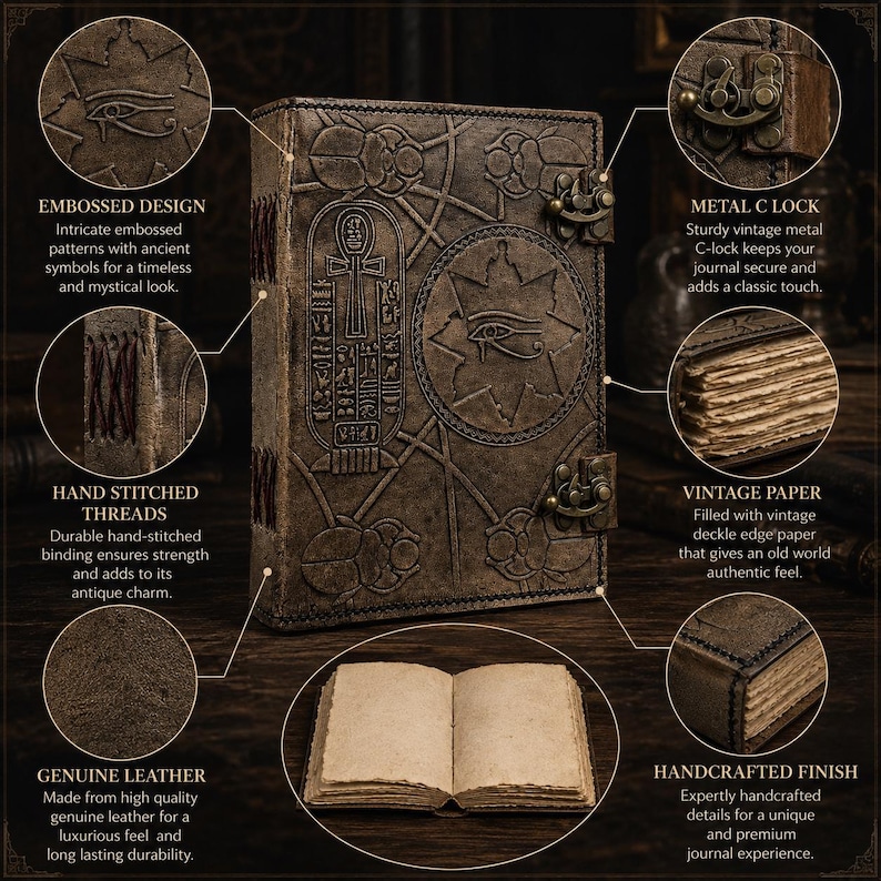 May include: A brown leather journal with embossed ancient symbols, a metal C-lock, and hand-stitched threads. It features vintage paper and is handcrafted. The cover has the text "EMBOSSED DESIGN", "HAND STITCHED THREADS", "GENUINE LEATHER", "METAL C LOCK", "VINTAGE PAPER", and "HANDCRAFTED FINISH".