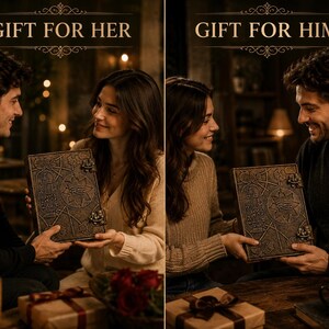 May include: Two images side-by-side showing a man and woman exchanging a decorative book. The book has an ornate design with symbols and a clasp. The text "GIFT FOR HER" and "GIFT FOR HIM" are at the top of each image.
