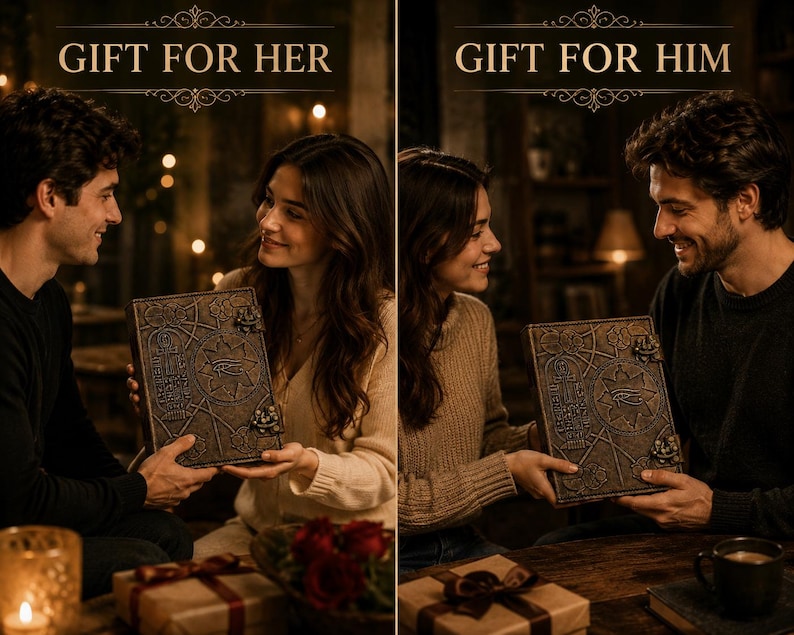 May include: Two images side-by-side showing a man and woman exchanging a decorative book. The book has an ornate design with symbols and a clasp. The text "GIFT FOR HER" and "GIFT FOR HIM" are at the top of each image.