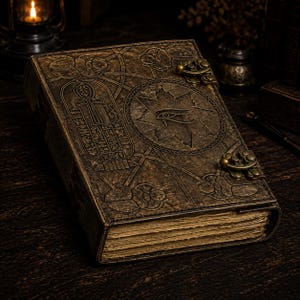 May include: A bronze-coloured journal with an embossed cover featuring Egyptian hieroglyphs and symbols. The journal has a clasp closure and aged paper pages. The cover is intricately detailed with floral and geometric patterns. The overall design evokes a sense of history.